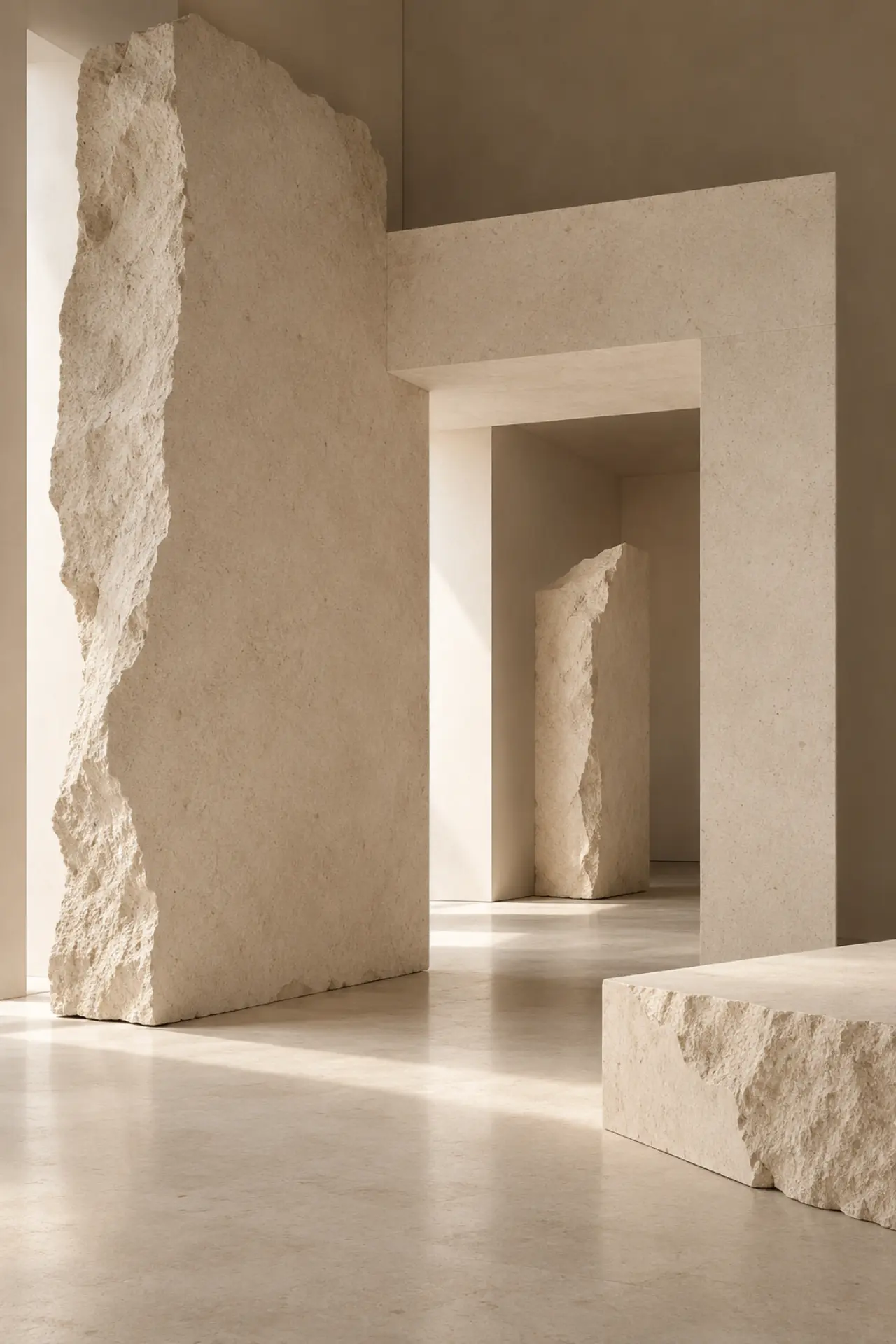 Warm stone architectural study with rough-edged slabs and geometric openings